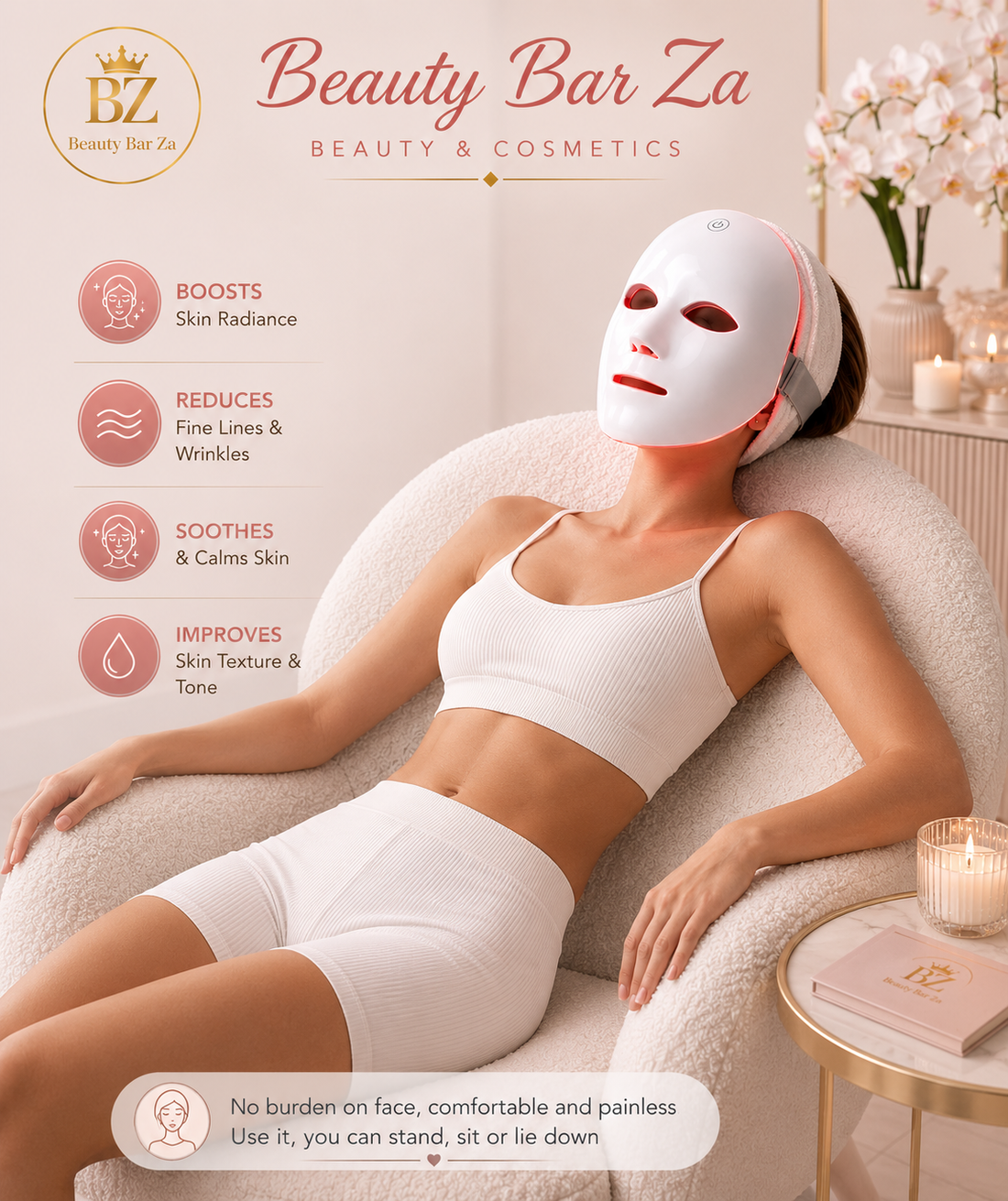 Woman relaxing wearing the Beauty Bar Za™ 7-Colour LED Light Therapy Facial Mask at home